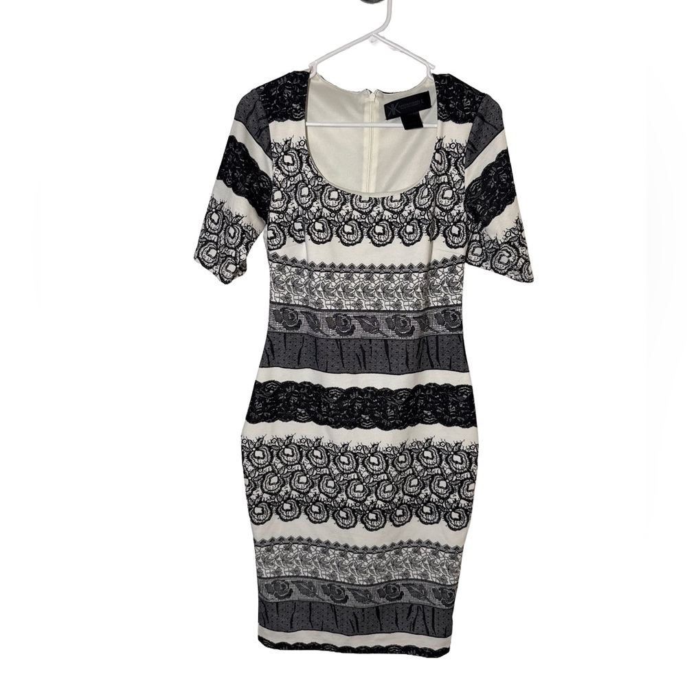 KARDASHIAN KOLLECTION Women’s Sexy Black Cream Lace Print Bodycon Dress Large